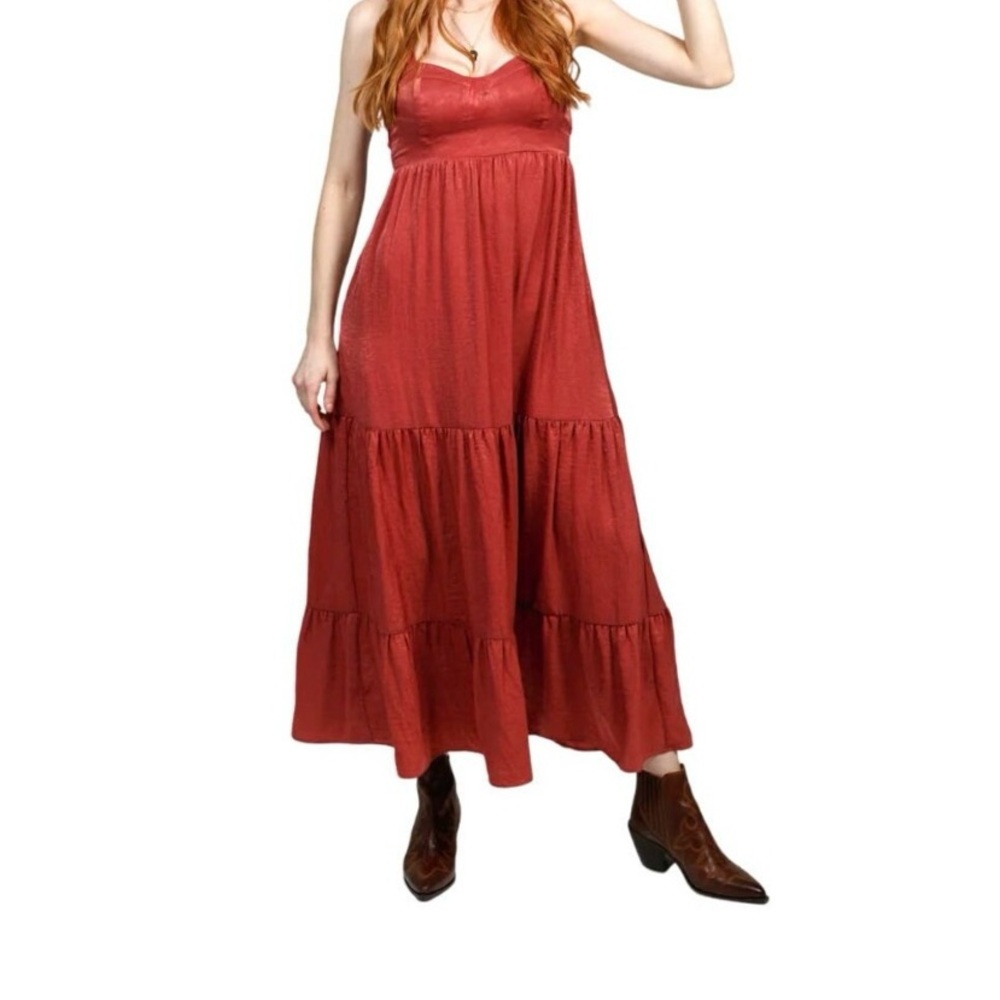 Band of the Free Pink Bustier Tiered Midi Dress Size Medium Cottage Boho Rose